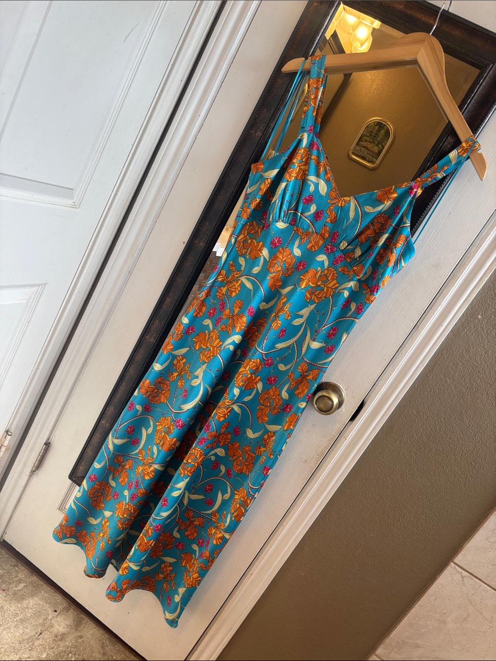 Sofia vergara Blue Floral Slip Dress with Orange Accents M